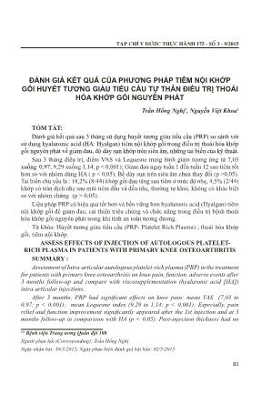 Đánh giá kết quả của phương pháp tiêm nội khớp gối huyết tương giàu tiểu cầu tự thân điều trị thoái hóa khớp gối nguyên phát