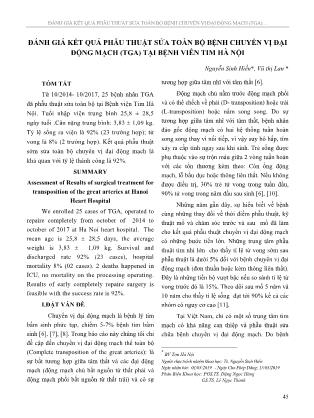 Đánh giá kết quả phẫu thuật sửa toàn bộ bệnh chuyển vị đại động mạch (TGA) tại Bệnh viên Tim Hà Nội