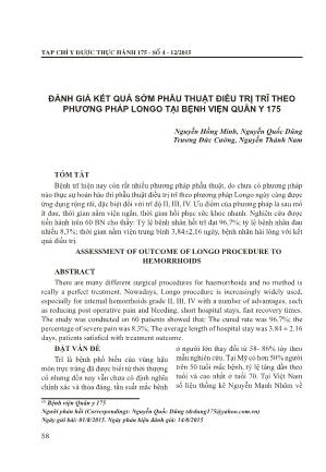 Đánh giá kết quả sớm phẫu thuật điều trị trĩ theo phương pháp Longo tại Bệnh viện Quân Y 175