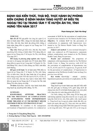 Đánh giá kiến thức, thái độ, thực hành dự phòng biến chứng ở bệnh nhân tăng huyết áp điều trị ngoại trú tại Trung tâm y tế huyện Ân Thi, tỉnh Hưng Yên năm 2017