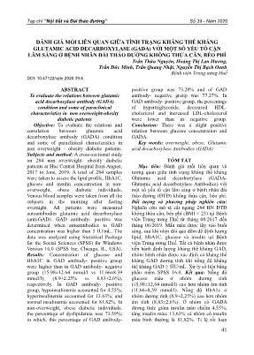 Đánh giá mối liên quan giữa tình trạng kháng thế kháng Glutamic Acid Decarboxylase (GADA) với một số yếu tố cận lâm sàng ở bệnh nhân đái tháo đường không thừa cân, béo phì
