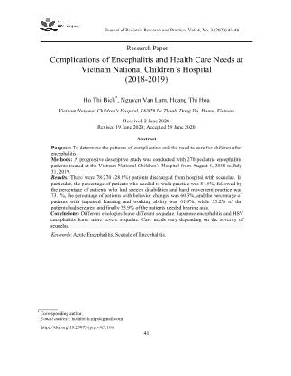 Di chứng sau viêm não ở trẻ em và nhu cầu chăm sóc tại Bệnh viện Nhi Trung ương (2018-2019)