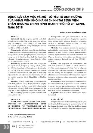 Động lực làm việc và một số yếu tố ảnh hưởng của nhân viên khối hành chính tại bệnh viện chấn thương chỉnh hình thành phố Hồ Chí Minh, năm 2019