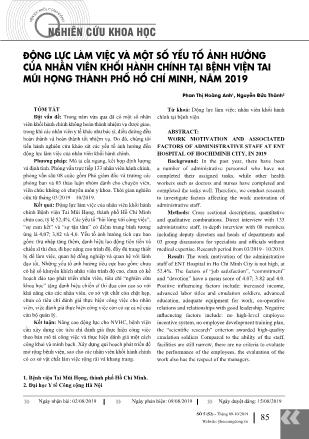 Động lực làm việc và một số yếu tố ảnh hưởng của nhân viên khối hành chính tại bệnh viện tai mũi họng thành phố Hồ Chí Minh, năm 2019