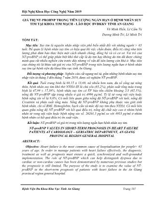 Giá trị NT-proBNP trong tiên lượng ngắn hạn ở bệnh nhân suy tim tại khoa tim mạch - lão học BVĐKKV tỉnh An Giang