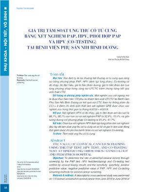 Giá trị tầm soát ung thư cổ tử cung bằng xét nghiệm PAP, HPV, phối hợp PAP và HPV (Co-testing) tại Bệnh viện Phụ sản Nhi Bình Dương