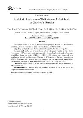 Helicobacter pylori (HP) vai trò và kháng kháng sinh trong viêm thực quản, dạ dày và tá tràng ở trẻ em