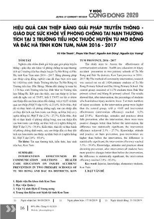 Hiệu quả can thiệp bằng giải pháp truyền thông - Giáo dục sức khỏe về phòng chống tai nạn thương tích tại 2 trường tiểu học thuộc huyện Tu Mơ Rông và Đắc Hà, tỉnh Kon Tum, năm 2016-2017