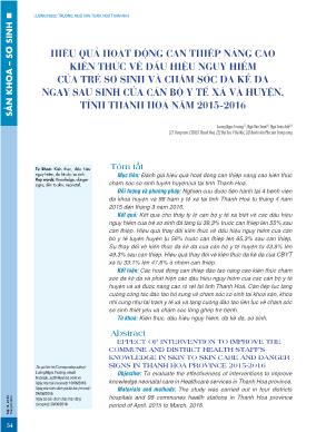 Hiệu quả hoạt động can thiệp nâng cao kiến thức về dấu hiệu nguy hiểm của trẻ sơ sinh và chăm sóc da kề da ngay sau sinh của cán bộ y tế xã và huyện, tỉnh Thanh Hoá năm 2015-2016
