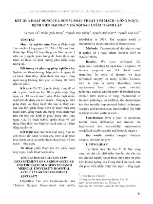 Kết quả hoạt động của đơn vị phẫu thuật tim mạch - lồng ngực, bệnh viện Đại học Y Hà Nội sau 1 năm thành lập