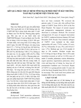 Kết quả phẫu thuật bệnh tĩnh mạch phổi trở về bất thường toàn bộ tại Bệnh viện Tim Hà Nội