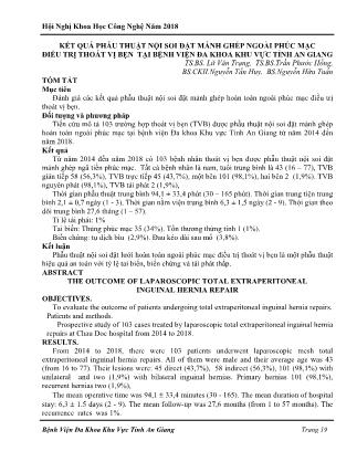 Kết quả phẫu thuật nội soi đặt mảnh ghép ngoài phúc mạc điều trị thoát vị bẹn tại Bệnh viện Đa khoa khu vực tỉnh An Giang