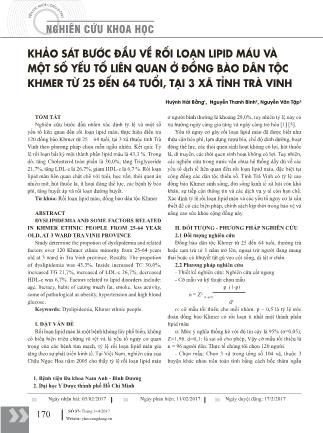 Khảo sát bước đầu về rối loạn lipid máu và một số yếu tố liên quan ở đồng bào dân tộc Khmer từ 25 đến 64 tuổi, tại 3 xã tỉnh Trà Vinh