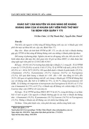 Khảo sát căn nguyên và khả năng đề kháng kháng sinh của vi khuẩn gây viêm phổi thở máy tại Bệnh viện Quân Y 175
