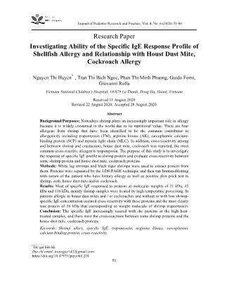 Khảo sát khả năng đáp ứng của IGE đặc hiệu với hải sản có vỏ và mối liên quan với dị ứng mạt bụi nhà, gián