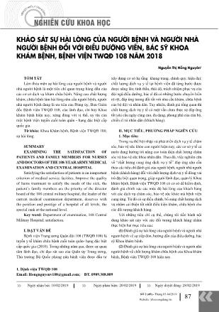 Khảo sát sự hài lòng của người bệnh và người nhà người bệnh đối với điều dưỡng viên, bác sỹ khoa khám bệnh, Bệnh viện TWQĐ 108 năm 2018