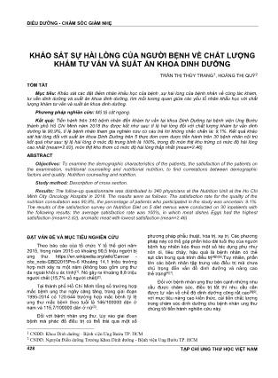 Khảo sát sự hài lòng của người bệnh về chất lượng khám tư vấn và suất ăn khoa dinh dưỡng