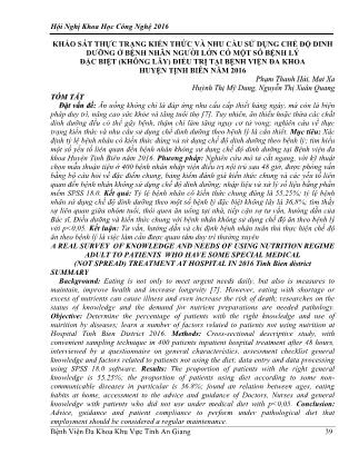 Khảo sát thực trạng kiến thức và nhu cầu sử dụng chế độ dinh dưỡng ở bệnh nhân người lớn có một số bệnh lý đặc biệt (không lây) điều trị tại Bệnh viện Đa khoa huyện Tịnh Biên năm 2016