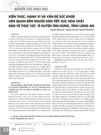 Kiến thức, hành vi và vấn đề sức khoẻ liên quan đến người dân tiếp xúc hoá chất bảo vệ thực vật ở huyện Tân Hưng, tỉnh Long A
