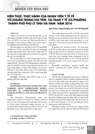 Kiến thức, thực hành của nhân viên y tế về vô khuẩn trong khi tiêm tại trạm y tế xã/phường thành phố phủ lý tỉnh Hà Nam năm 2016