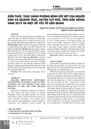Kiến thức, thực hành phòng bệnh sốt rét của người dân xã Quảng Trực, huyện Tuy Đức, tỉnh Đắk Nông năm 2019 và một số yếu tố liên quan