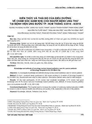 Kiến thức và thái độ của điều dưỡng về chăm sóc giảm nhẹ cho người bệnh ung thư tại Bệnh viện Ung Bướu TP. HCM tháng 3/2018-4/2018