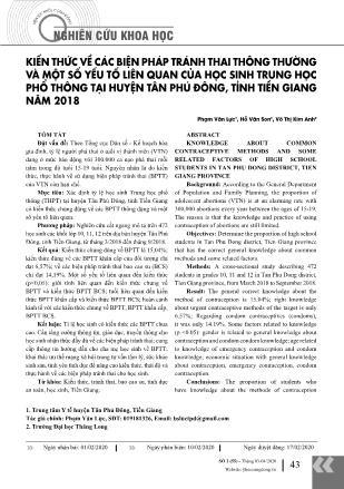 Kiến thức về các biện pháp tránh thai thông thường và một số yếu tố liên quan của học sinh trung học phổ thông tại huyện Tân Phú Đông, tỉnh Tiền Giang năm 2018