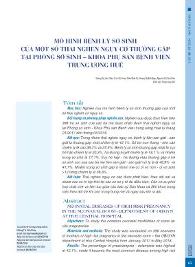 Mô hình bệnh lý sơ sinh của một số thai nghén nguy cơ thường gặp tại phòng sơ sinh - khoa phụ sản Bệnh viện Trung ương Huế