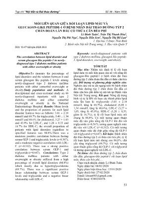Mối liên quan giữa rối loạn lipid máu và glucagon-like peptide-1 ở bệnh nhân đái tháo đường týp 2 chẩn đoán lần đầu có thừa cân béo phì