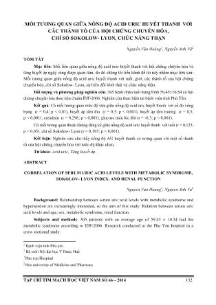 Mối tương quan giữa nồng độ acid uric huyết thanh với các thành tố của hội chứng chuyển hóa, chỉ số Sokolow-Lyon, chức năng thận