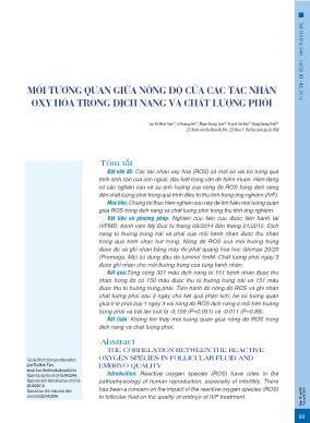 Mối tương quan giữa nồng độ của các tác nhân oxy hóa trong dịch nang và chất lượng phôi