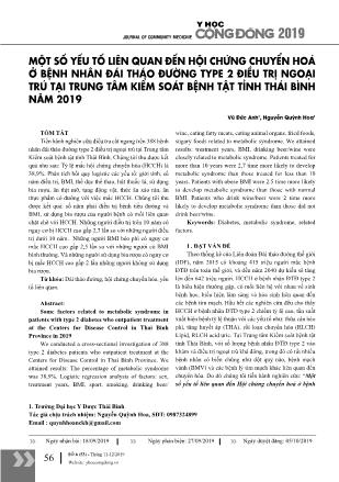 Một số yếu tố liên quan đến hội chứng chuyển hoá ở bệnh nhân đái tháo đường type 2 điều trị ngoại trú tại trung tâm kiểm soát bệnh tật tỉnh Thái Bình năm 2019