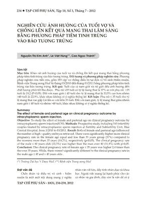 Nghiên cứu ảnh hưởng của tuổi vợ và chồng lên kết quả mang thai lâm sàng bằng phương pháp tiêm tinh trùng vào bào tương trứng