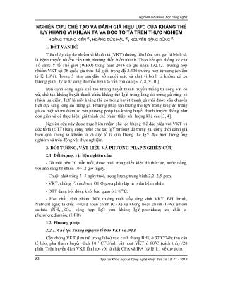 Nghiên cứu chế tạo và đánh giá hiệu lực của kháng thể IgY kháng vi khuẩn tả và độc tố tả trên thực nghiệm
