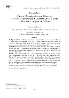 Nghiên cứu đặc điểm lâm sàng và nguyên nhân viêm kết mạc cấp ở trẻ em dưới 6 tuổi tại Bệnh viện Nhi Thanh Hóa