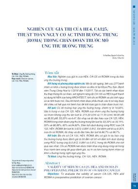 Nghiên cứu giá trị của HE4, CA125, thuật toán nguy cơ ác tính buồng trứng (roma) trong chẩn đoán trước mổ ung thư buồng trứng