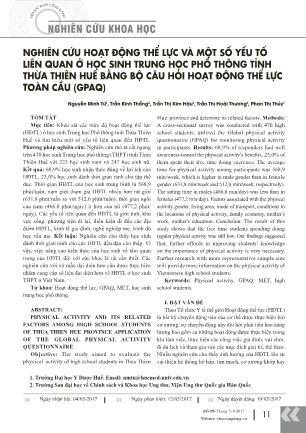 Nghiên cứu hoạt động thể lực và một số yếu tố liên quan ở học sinh Trung học Phổ thông tỉnh Thừa Thiên Huế bằng bộ câu hỏi hoạt động thể lực toàn cầu (GPAQ)