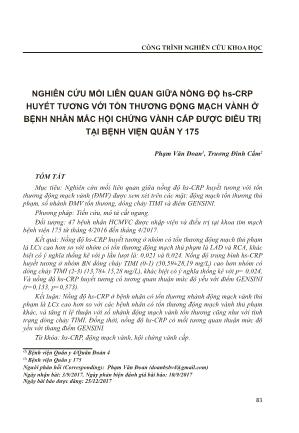 Nghiên cứu mối liên quan giữa nồng độ hs-CRP huyết tương với tổn thương động mạch vành ở bệnh nhân mắc hội chứng vành cấp được điều trị tại Bệnh viện Quân Y 175