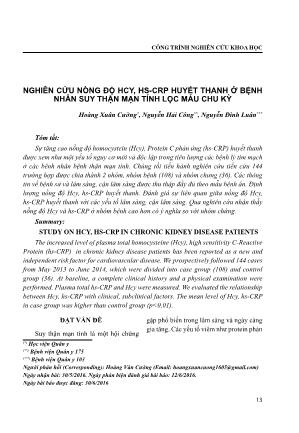 Nghiên cứu nồng độ Hcy, hs-CRP huyết thanh ở bệnh nhân suy thận mạn tính lọc máu chu kỳ