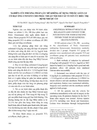 Nghiên cứu phương pháp gây mê không sử dụng thuốc giãn cơ có đặt ống Univent cho phẫu thuật nội soi cắt tuyến ức điều trị bệnh nhược cơ
