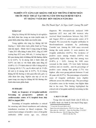 Nghiên cứu sàng lọc kháng thể bất thường ở bệnh nhân trước phẫu thuật tại Trung tâm Tim mạch Bệnh viện E từ tháng 7 năm 2013 đến tháng 8 năm 2014