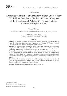 Nhận thức, thực hành chăm sóc trẻ dưới 5 tuổi mắc tiêu chảy cấp của người chăm sóc chính tại Khoa Điều trị Tự nguyện C - Bệnh viện Nhi Trung ương năm 2019