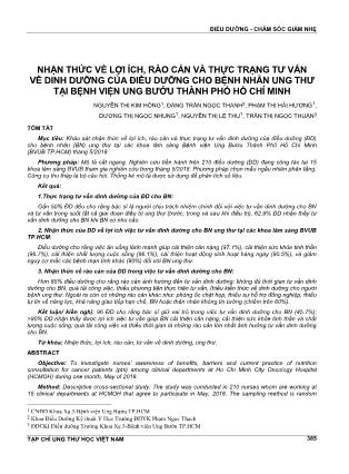 Nhận thức về lợi ích, rào cản và thực trạng tư vấn về dinh dưỡng của điều dưỡng cho bệnh nhân ung thư tại Bệnh viện Ung Bướu Thành phố Hồ Chí Minh