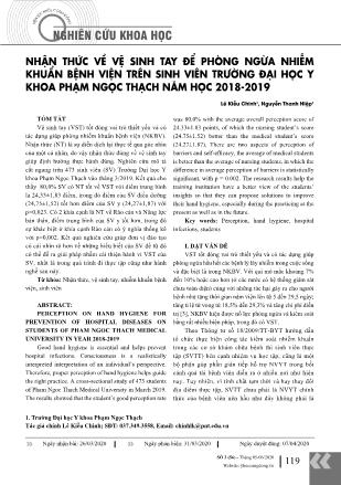 Nhận thức về vệ sinh tay để phòng ngừa nhiễm khuẩn bệnh viện trên sinh viên trường Đại học Y khoa Phạm Ngọc Thạch năm học 2018-2019