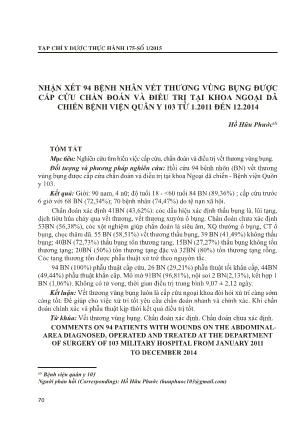Nhận xét 94 bệnh nhân vết thương vùng bụng được cấp cứu chẩn đoán và điều trị tại khoa ngoại dã chiến Bệnh viện Quân Y 103 từ 1.2011 đến 12.2014