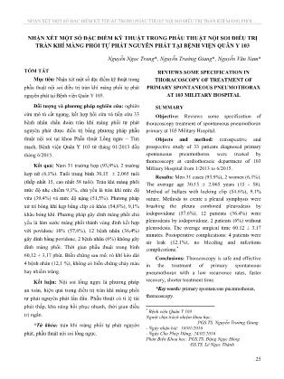 Nhận xét một số đặc điểm kỹ thuật trong phẫu thuật nội soi điều trị tràn khí màng phổi tự phát nguyên phát tại Bệnh viện Quân Y 103