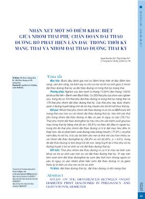 Nhận xét một số điểm khác biệt giữa nhóm thai phụ chấn đoán đái tháo đường rõ phát hiện lần đấu trong thời kỳ mang thai và nhóm đái tháo đường thai kỳ