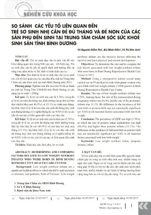 So sánh các yếu tố liên quan đến trẻ sơ sinh nhẹ cân đẻ đủ tháng và đẻ non của các sản phụ đến sinh tại trung tâm chăm sóc sức khoẻ sinh sản tỉnh Bình Dương