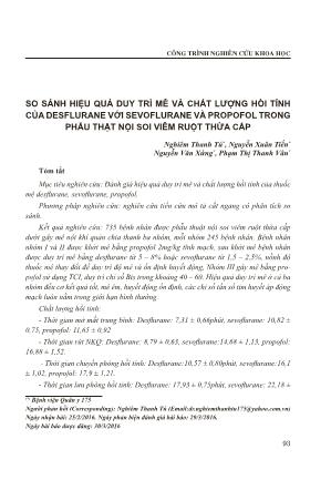 So sánh hiệu quả duy trì mê và chất lượng hồi tỉnh của desflurane với sevoflurane và propofol trong phẫu thật nội soi viêm ruột thừa cấp