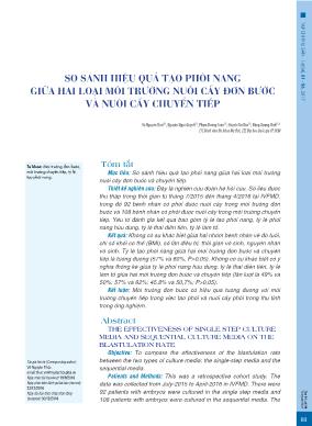 So sánh hiệu quả tạo phôi nang giữa hai loại môi trường nuôi cấy đơn bước và nuôi cấy chuyển tiếp